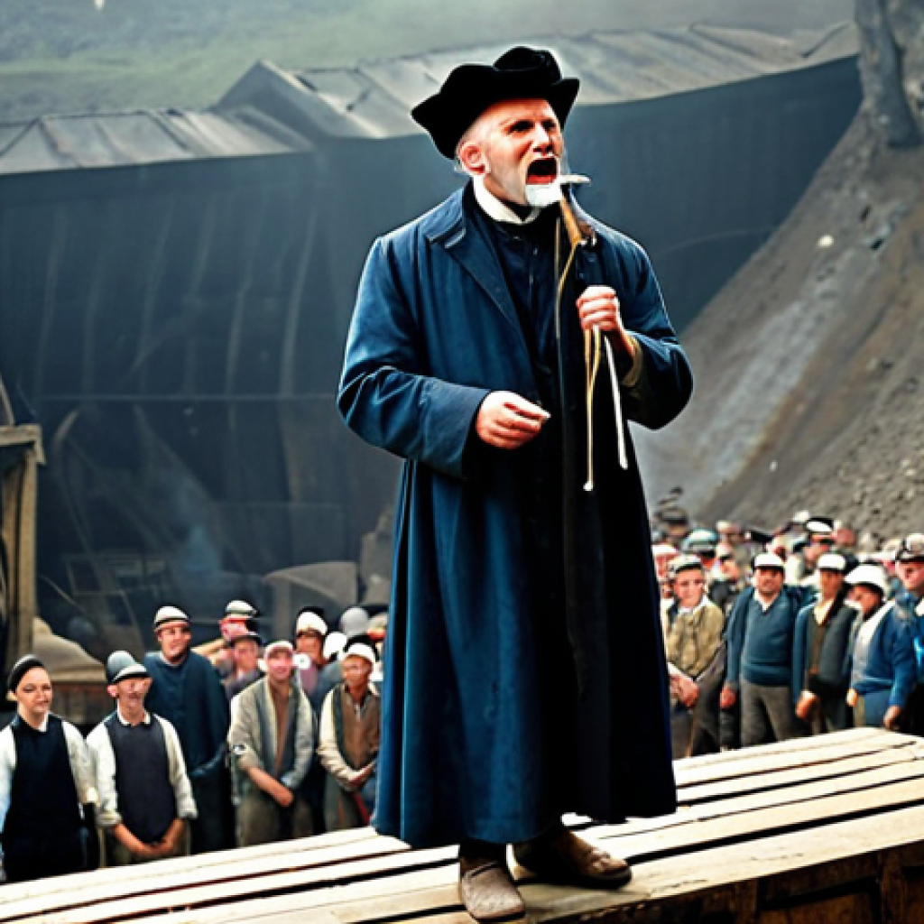 **

A passionate preacher, fully clothed in modest 18th-century attire, standing on a wooden crate in a Yorkshire mine, addressing a crowd of miners. Background: Gritty mine setting, machinery. Modifiers: Professional, safe for work, appropriate content, perfect anatomy, natural proportions, family-friendly.

**