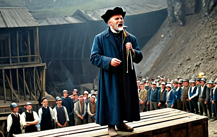 **

A passionate preacher, fully clothed in modest 18th-century attire, standing on a wooden crate in a Yorkshire mine, addressing a crowd of miners. Background: Gritty mine setting, machinery. Modifiers: Professional, safe for work, appropriate content, perfect anatomy, natural proportions, family-friendly.

**