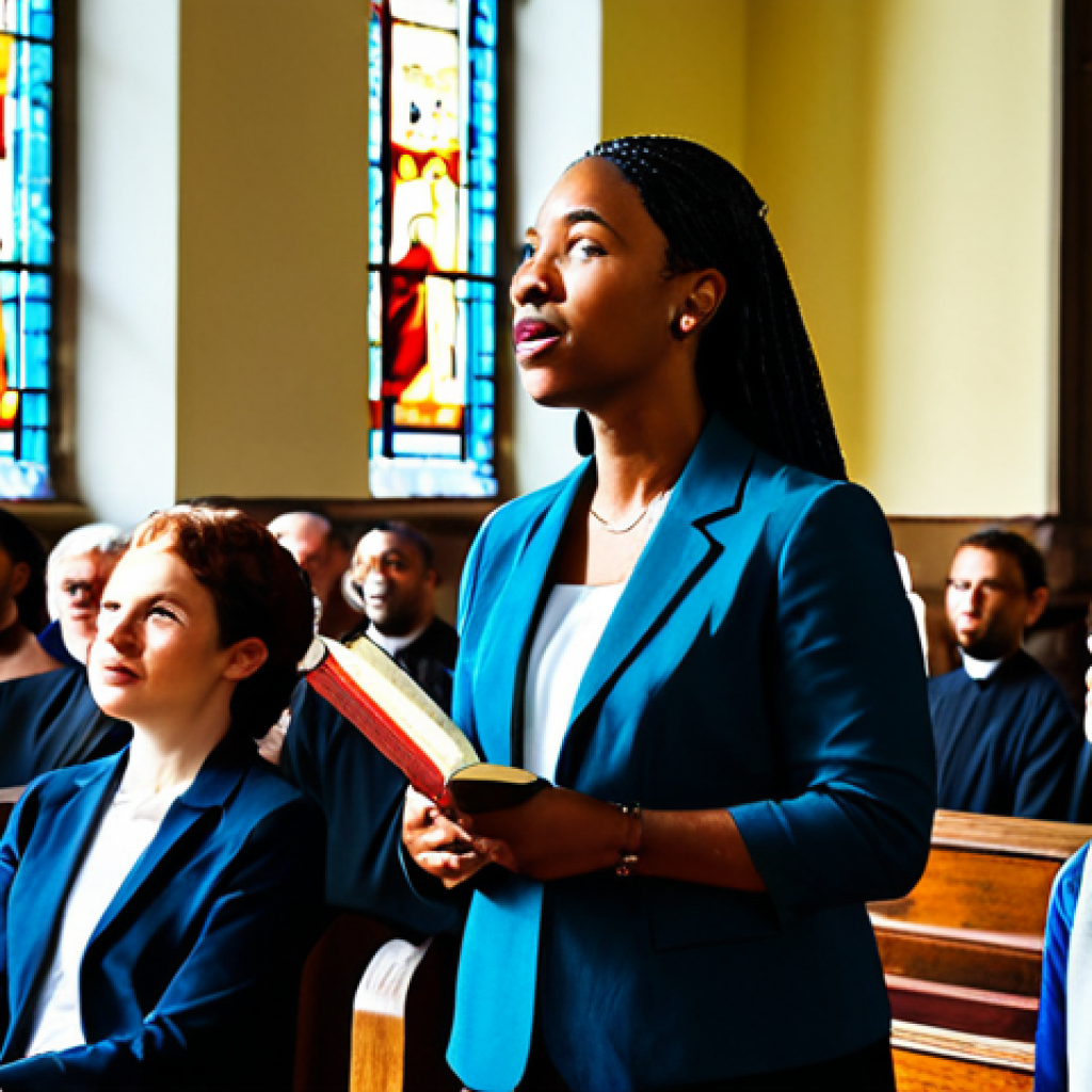 **

"A diverse group of people, fully clothed in modest attire, attending a sermon in a grand, sunlit church. The pastor, a kind-faced woman in professional clothing, is speaking passionately. Bibles are open, faces are hopeful. In the background, stained glass windows depict scenes of liberation and peace. safe for work, appropriate content, family-friendly, perfect anatomy, correct proportions, well-formed hands, natural pose, high quality, professional photography, vibrant colors."

**