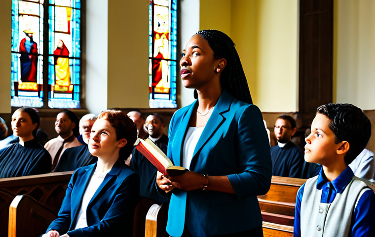 **

"A diverse group of people, fully clothed in modest attire, attending a sermon in a grand, sunlit church. The pastor, a kind-faced woman in professional clothing, is speaking passionately. Bibles are open, faces are hopeful. In the background, stained glass windows depict scenes of liberation and peace. safe for work, appropriate content, family-friendly, perfect anatomy, correct proportions, well-formed hands, natural pose, high quality, professional photography, vibrant colors."

**