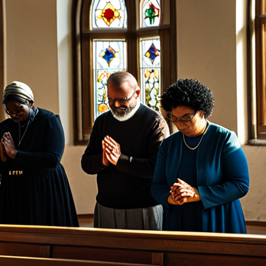 **Image Prompt:** "A diverse group of fully clothed people in appropriate attire praying together in a small, sunlit church. Modest clothing, stained glass windows, safe for work, appropriate content, perfect anatomy, natural proportions, family-friendly, professional photography."