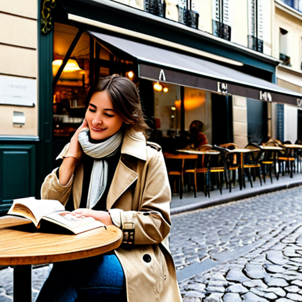 Modern Parisian Cafe Scene**

"A young woman, fully clothed in a chic, modest autumn outfit (e.g., trench coat, scarf, jeans), sitting at a small table outside a Parisian cafe. She is enjoying a café au lait and croissant, with a book open in front of her. The background includes classic Parisian architecture, cobblestone streets, and other patrons enjoying the cafe atmosphere. Appropriate attire, safe for work, perfect anatomy, natural proportions, professional photography, high quality."

**