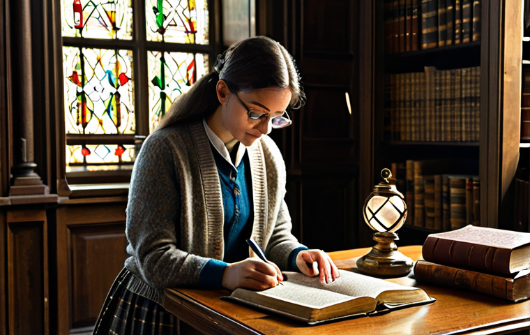 Discernment & Scripture Study**

"A woman in a brightly lit library, surrounded by ancient books and scrolls. She is wearing a modest, scholarly outfit, perhaps a tweed skirt and cardigan. She's carefully examining a passage in a well-worn Bible, with a magnifying glass and notebook nearby. Sunlight streams through a stained-glass window depicting a dove. The scene conveys studiousness and thoughtful reflection, appropriate content, safe for work, fully clothed, professional, perfect anatomy, correct proportions, natural pose, high quality."

**