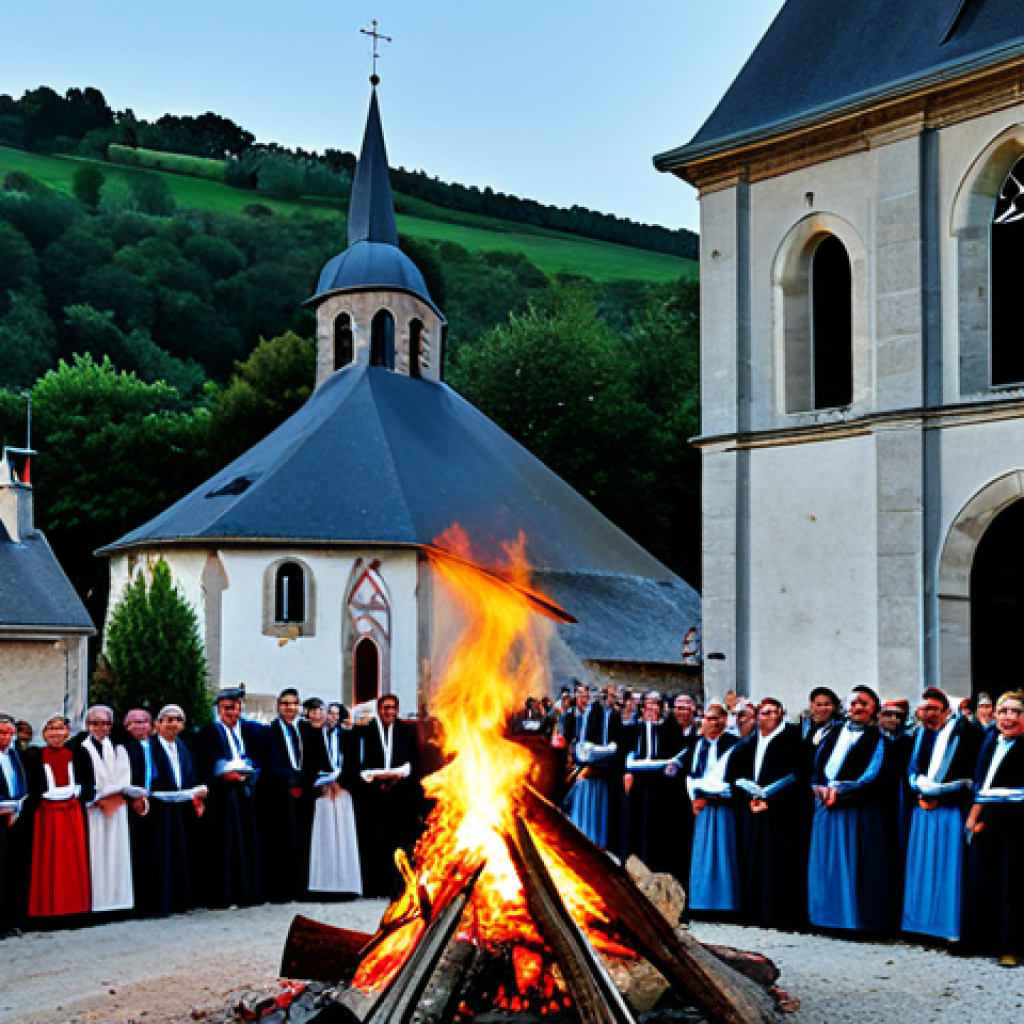 **

"A professional photographer captures a picturesque village church in rural France. It is Saint Jean's festival day. Villagers are celebrating with a bonfire. They are all fully clothed in appropriate attire. Safe for work, perfect anatomy, natural proportions, high quality."

**