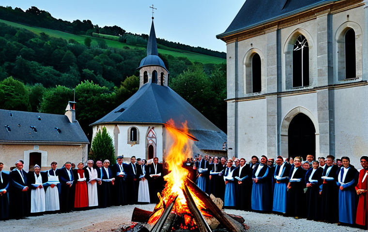 **

"A professional photographer captures a picturesque village church in rural France. It is Saint Jean's festival day. Villagers are celebrating with a bonfire. They are all fully clothed in appropriate attire. Safe for work, perfect anatomy, natural proportions, high quality."

**