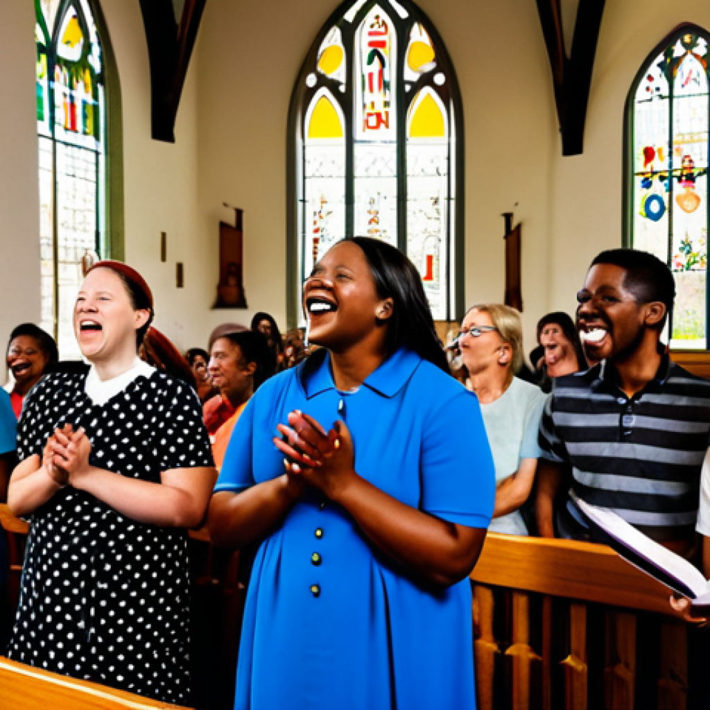 침례교 특징 - **Image Prompt:** A diverse group of fully clothed people from various backgrounds are gathered insi...