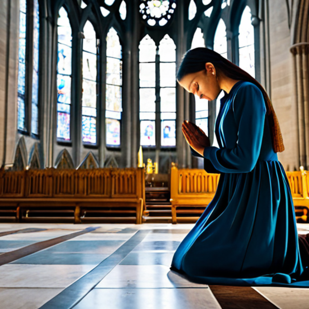 기독교의 기도문 - Serene Prayer in a Cathedral**

"A woman in a modest, long dress, kneeling in prayer inside a grand ...