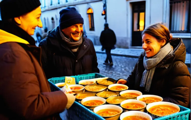 기독교와 사회복지 - **Image Prompt: "The Warmth of an Evening Outreach"**
    A diverse group of Christian volunteers, d...