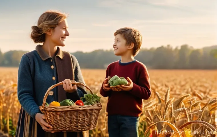 기독교와 십일조 - A warm, golden-hour photo of a French family, including parents and two children (approximately 8 an...