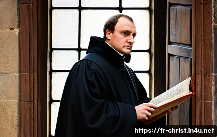 루터의 95개조 반박문 - **Prompt 1: The Audacious Act at Wittenberg**
    A highly detailed, realistic historical painting d...