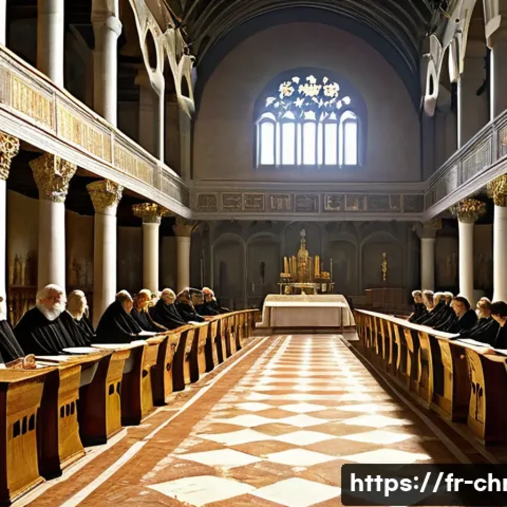 종교회의와 교리 발전 - **Prompt for Early Ecumenical Council (Nicene/Chalcedon era):**
"A grand historical painting dep...