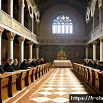 종교회의와 교리 발전 - **Prompt for Early Ecumenical Council (Nicene/Chalcedon era):**
    "A grand historical painting dep...