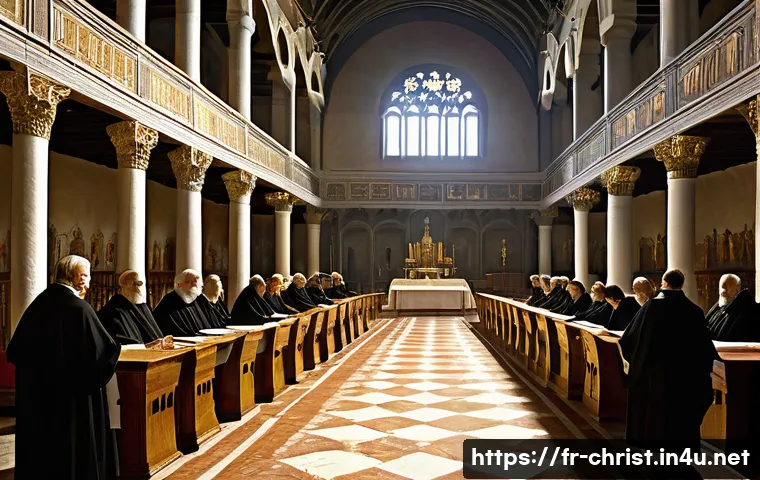 종교회의와 교리 발전 - **Prompt for Early Ecumenical Council (Nicene/Chalcedon era):**
    "A grand historical painting dep...