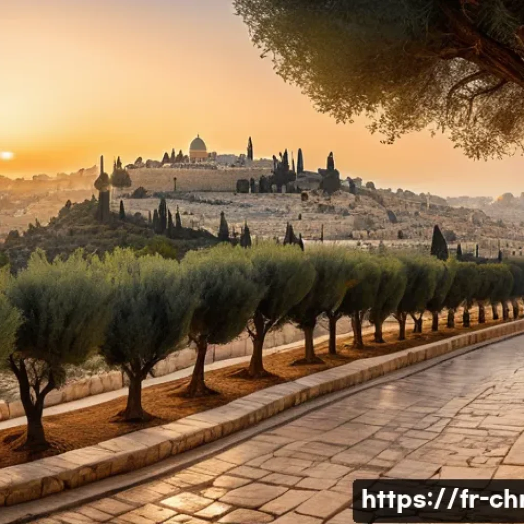 기독교의 성지 순례 - A serene panoramic view of the Mount of Olives at sunrise, overlooking the ancient city of Jerusalem...