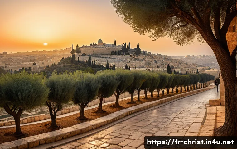 기독교의 성지 순례 - A serene panoramic view of the Mount of Olives at sunrise, overlooking the ancient city of Jerusalem...