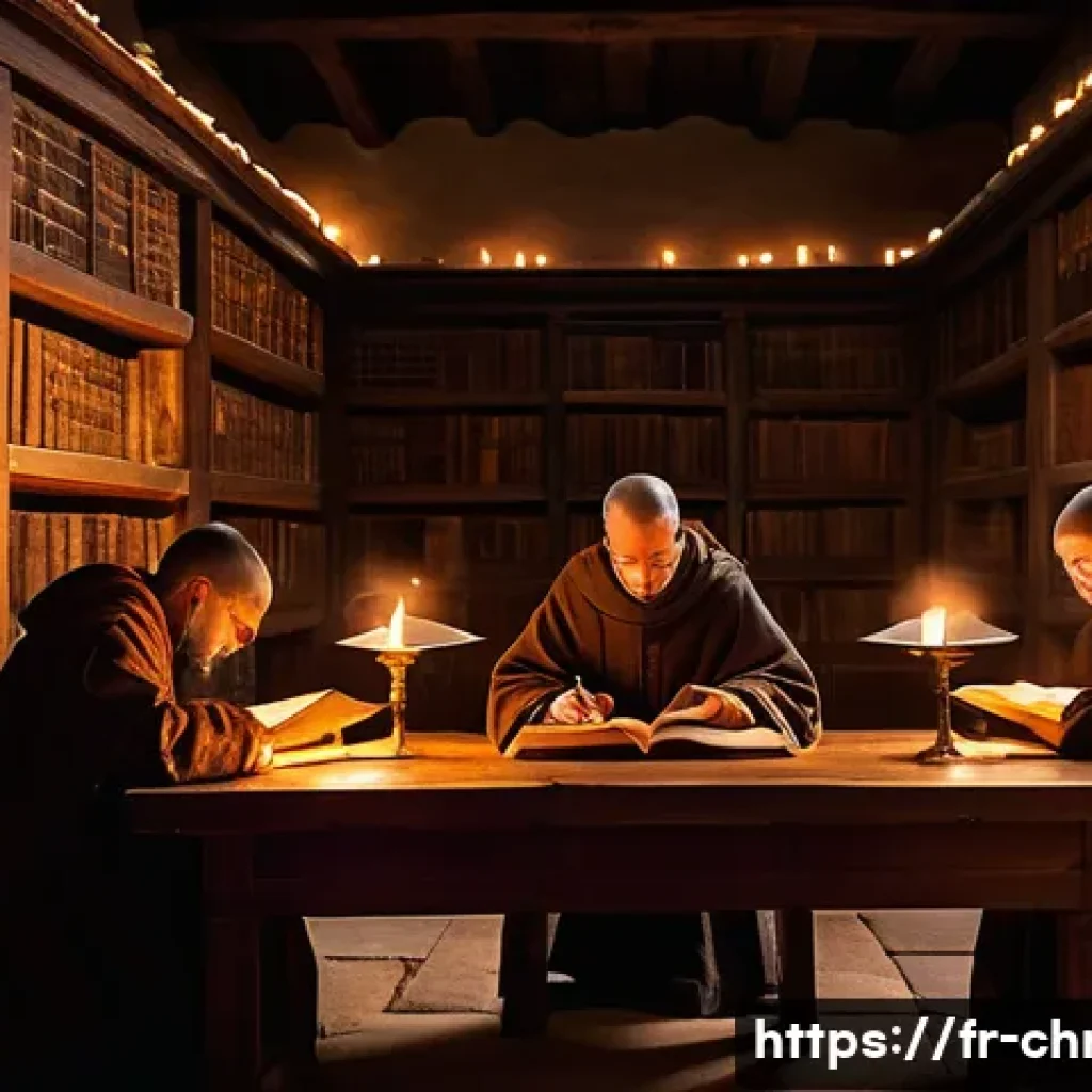 기독교와 독서 문화 - A serene medieval monastery interior with monks in simple robes reading ancient illuminated manuscri...