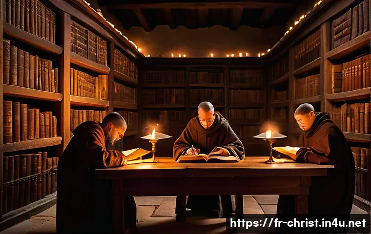 기독교와 독서 문화 - A serene medieval monastery interior with monks in simple robes reading ancient illuminated manuscri...