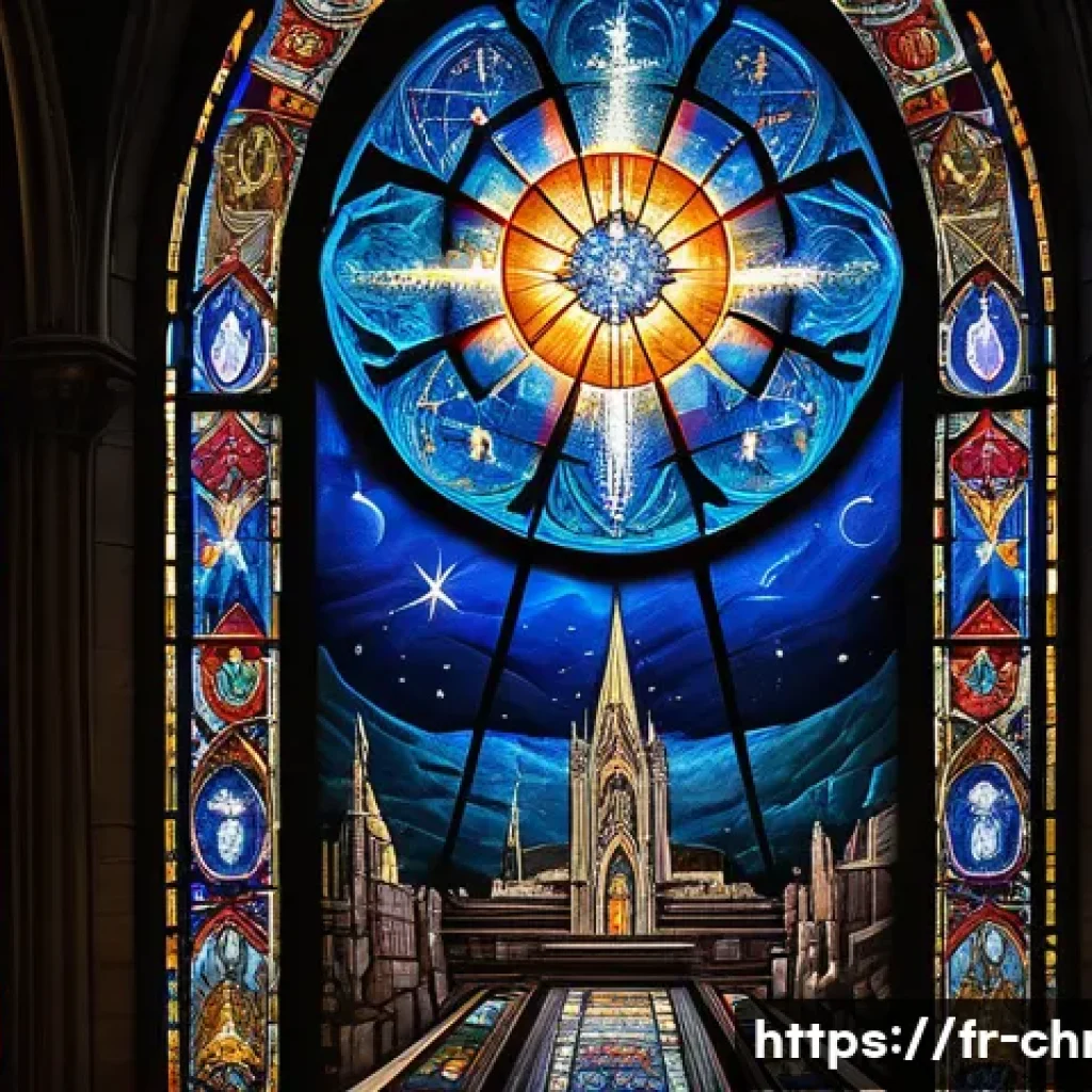 기독교와 우주론 - A majestic stained glass window inside a Gothic cathedral, depicting a symbolic cosmic scene with st...
