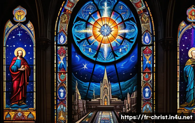 기독교와 우주론 - A majestic stained glass window inside a Gothic cathedral, depicting a symbolic cosmic scene with st...
