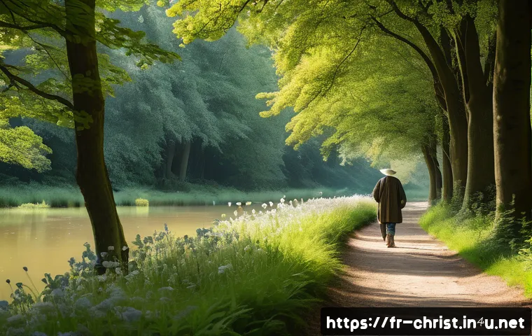 기독교와 문학 - A contemplative pilgrim wearing modest, weather-appropriate clothing and sturdy boots, walking along...