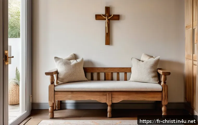 기독교와 가정교회 - A cozy family prayer corner inside a modern French home, featuring a small wooden altar with an open...