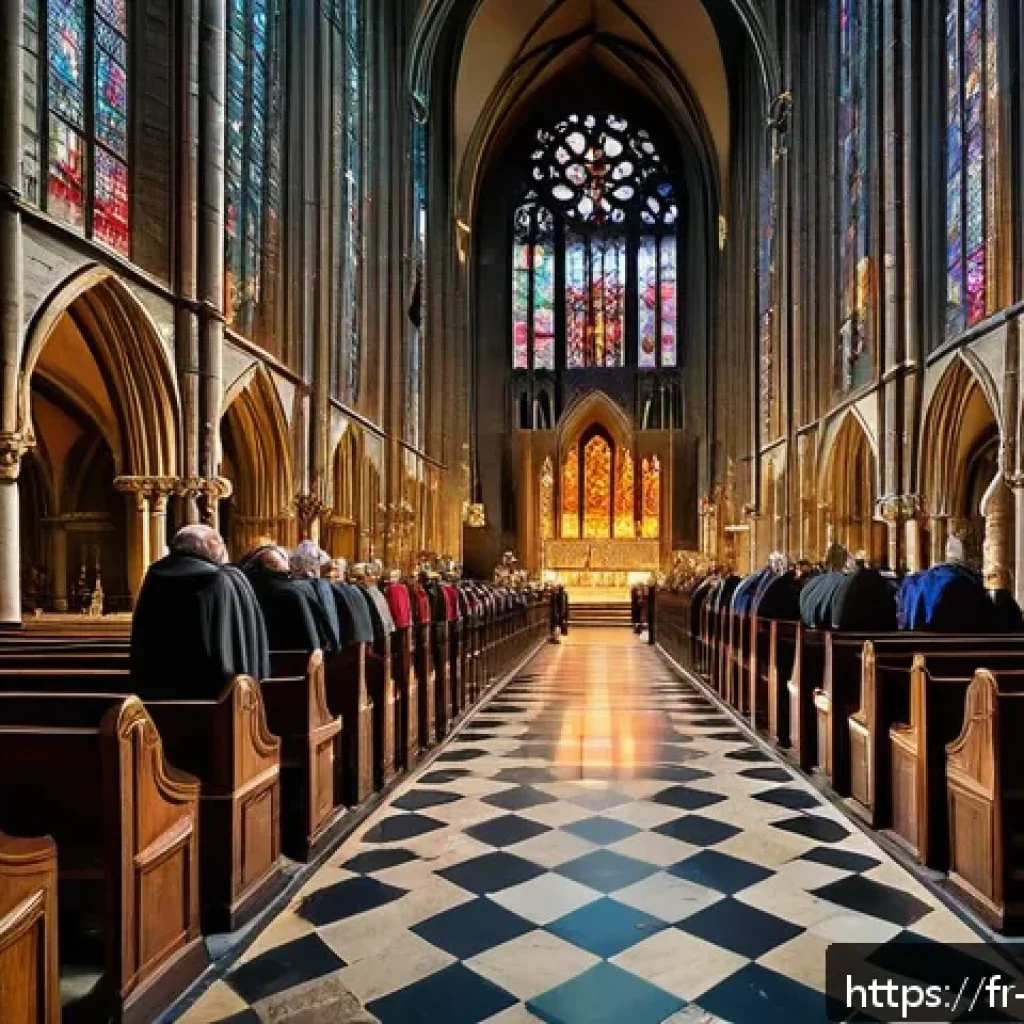 중세 기독교 사회 - A majestic medieval Gothic cathedral interior filled with colorful stained glass windows depicting b...