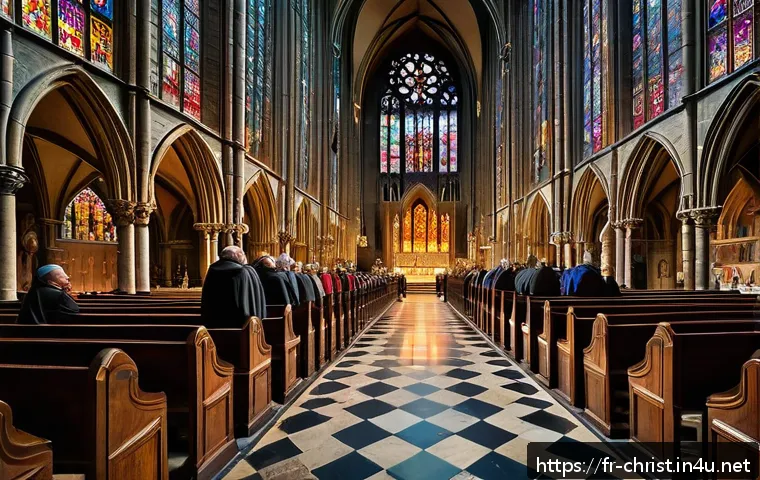 중세 기독교 사회 - A majestic medieval Gothic cathedral interior filled with colorful stained glass windows depicting b...