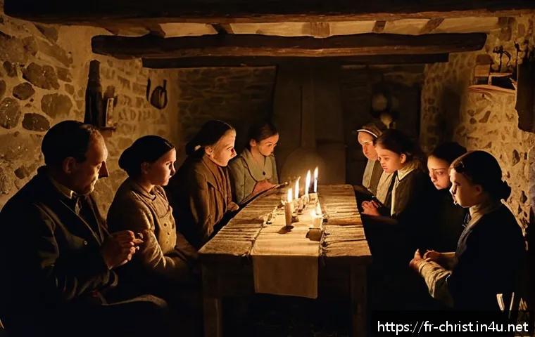 일제 강점기와 한국 기독교 - A secret Christian gathering in a dimly lit, modest French countryside farmhouse during World War II...