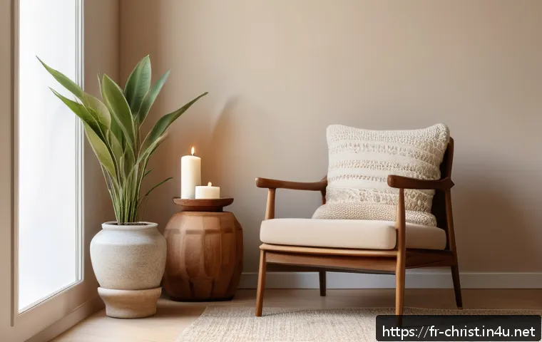 기독교와 경건 서적 - A serene home meditation corner bathed in warm natural light, featuring a cozy armchair with soft cu...