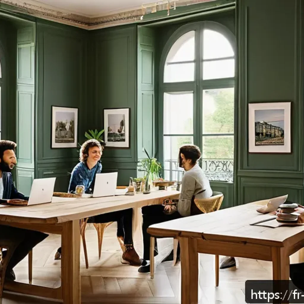 기독교와 전도 훈련 - A modern, cozy workspace scene featuring a diverse group of young French professionals engaged in ac...