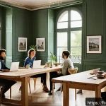 기독교와 전도 훈련 - A modern, cozy workspace scene featuring a diverse group of young French professionals engaged in ac...