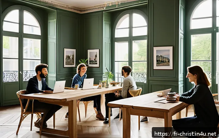 기독교와 전도 훈련 - A modern, cozy workspace scene featuring a diverse group of young French professionals engaged in ac...