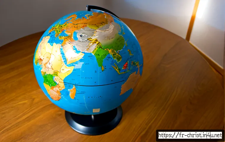 Home 17 세계 기독교 지도 - Photorealistic overhead view of a large unlabeled physical globe centered on a warm oak desk, subtle...
