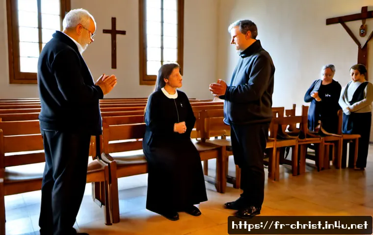 기독교의 은사주의 - Photorealistic French Catholic charismatic prayer gathering in a warm parish hall, diverse adults st...